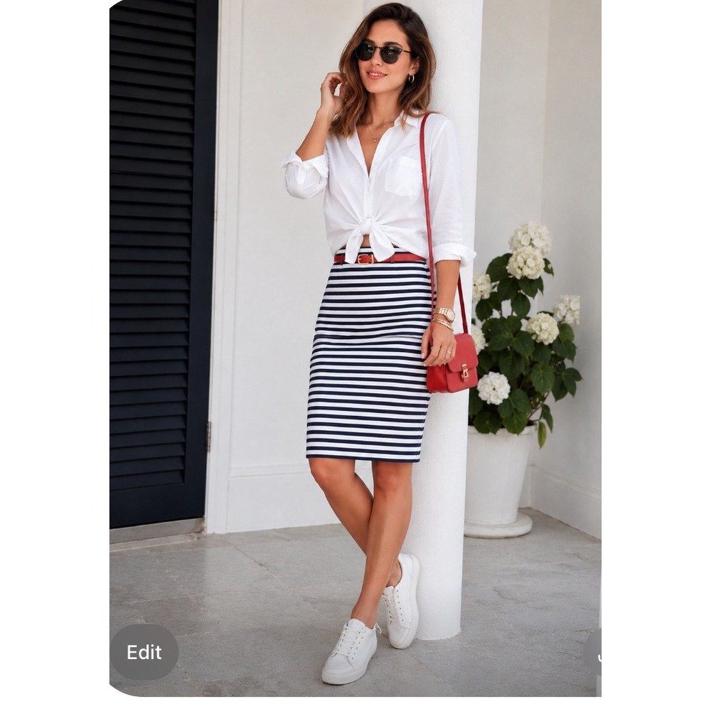 J.Crew The Pencil Skirt Striped Cotton Linen Blend Lined Size 4‎ Coastal Preppy